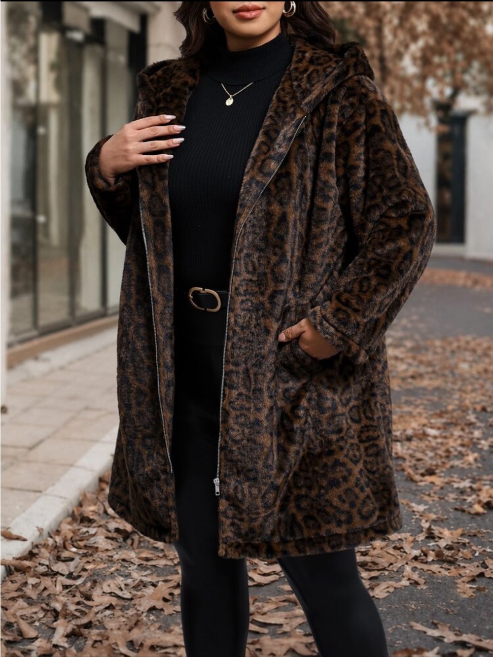 Luxe Hooded Faux Fur Leopard Print Zipper Light Coat Brown New